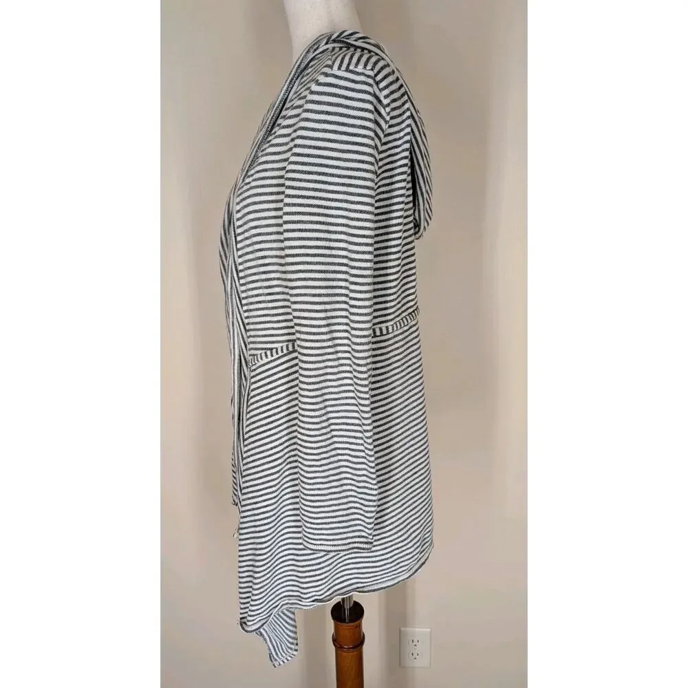 Max Studio Black & White Weekend Striped 100% Cotton Open Cardigan Hoodie Size M